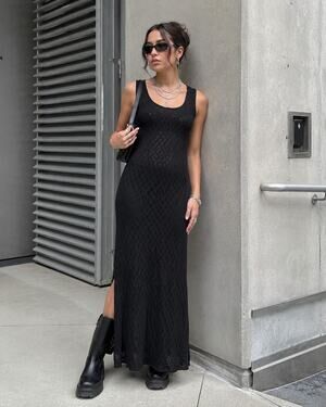 Y2K Black Textured Maxi Dress Side Slit M Rabbit Designs